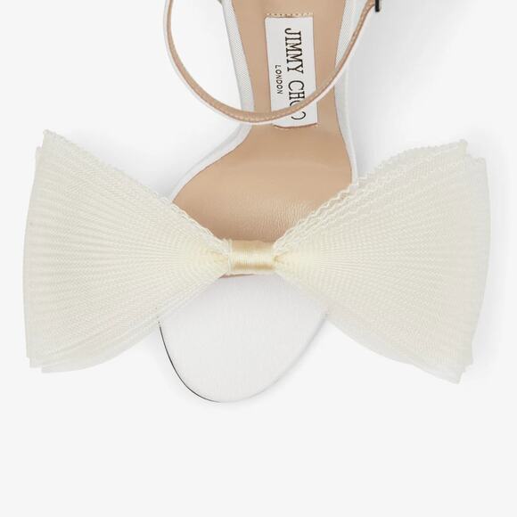 Jimmy Choo Aveline 100 Latte Sandals with Asymmetric Grosgrain Mesh Fascinator - Picture 2 of 8
